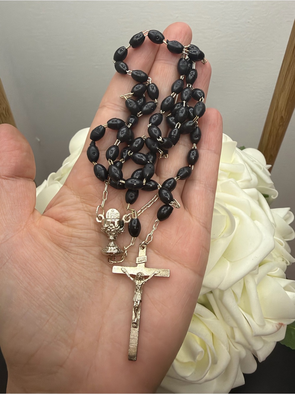 Black Bead Cross Rosary Necklace - Unbranded